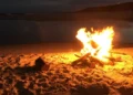 Falò acceso di notte su una spiaggia sabbiosa, con fiamme alte e braci attorno a tronchi di legno