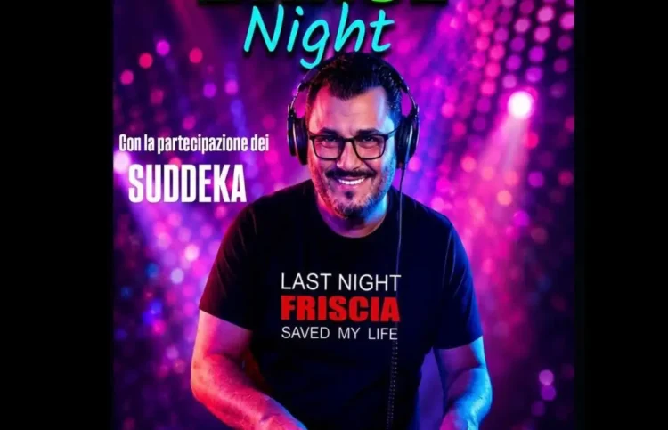 Locandina della serata danzante con un dj in cuffie e maglietta nera, sfondo viola con luci e la scritta Suddeka.