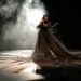 Donna in abito nero durante una performance teatrale sul palco, con fumo scenico e luci.