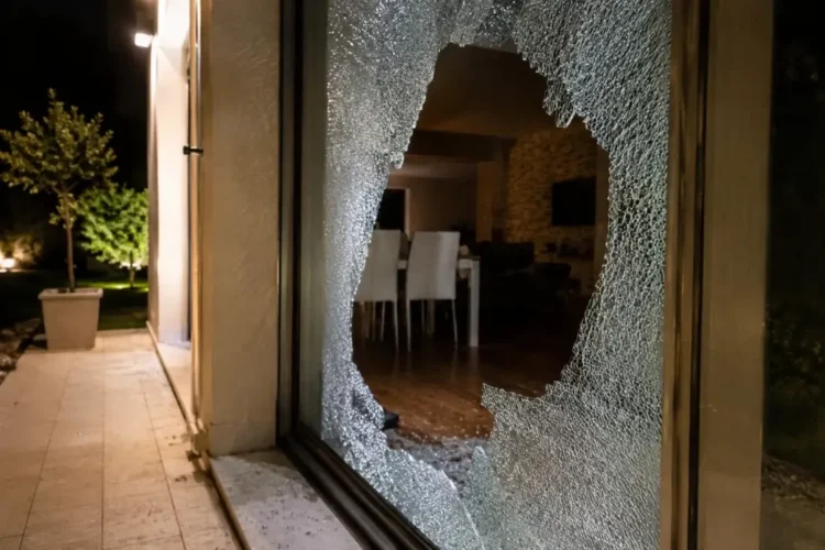 Vetrata di una casa sfondata durante la notte, con vetri rotti sul pavimento e interno dell'abitazione visibile.
