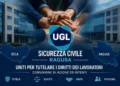 Logo UGL Sicurezza Civile con le province di Gela e Ragusa e mani unite su sfondo di edificio istituzionale