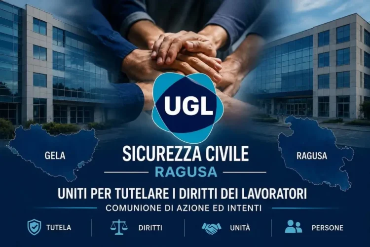 Logo UGL Sicurezza Civile con le province di Gela e Ragusa e mani unite su sfondo di edificio istituzionale