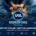 Logo UGL Sicurezza Civile con le province di Gela e Ragusa e mani unite su sfondo di edificio istituzionale