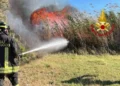 Vigile del fuoco spegne con un getto d'acqua le fiamme tra i canneti, fumo nero sullo sfondo
