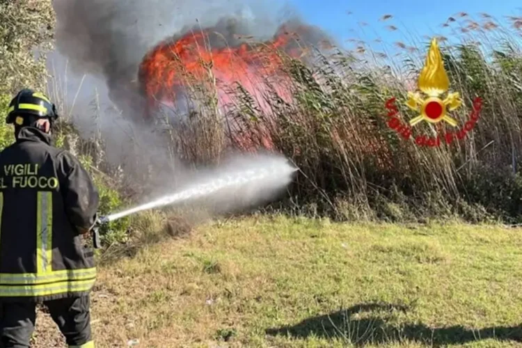Vigile del fuoco spegne con un getto d'acqua le fiamme tra i canneti, fumo nero sullo sfondo