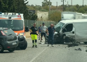 Furgone bianco incidentato con ambulanza e soccorritori sulla provinciale, accanto a un'auto nera a bordo strada