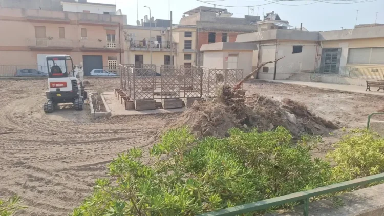 Mini escavatore, pannelli in legno e cumulo di rami rimossi durante lavori pubblici