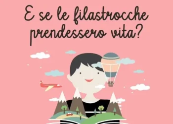 Illustrazione di un bambino che legge un libro da cui emergono montagne, alberi, un aereo e una mongolfiera, su sfondo rosa