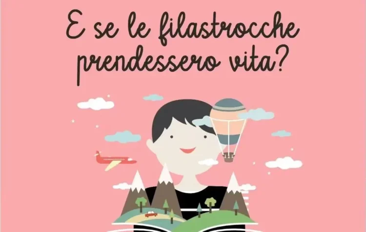 Illustrazione di un bambino che legge un libro da cui emergono montagne, alberi, un aereo e una mongolfiera, su sfondo rosa