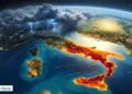Mappa dell'Italia con temporali e fulmini al Nord e un'intensa ondata di calore evidenziata al Sud e in Sicilia.