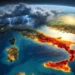 Mappa dell'Italia con temporali e fulmini al Nord e un'intensa ondata di calore evidenziata al Sud e in Sicilia.