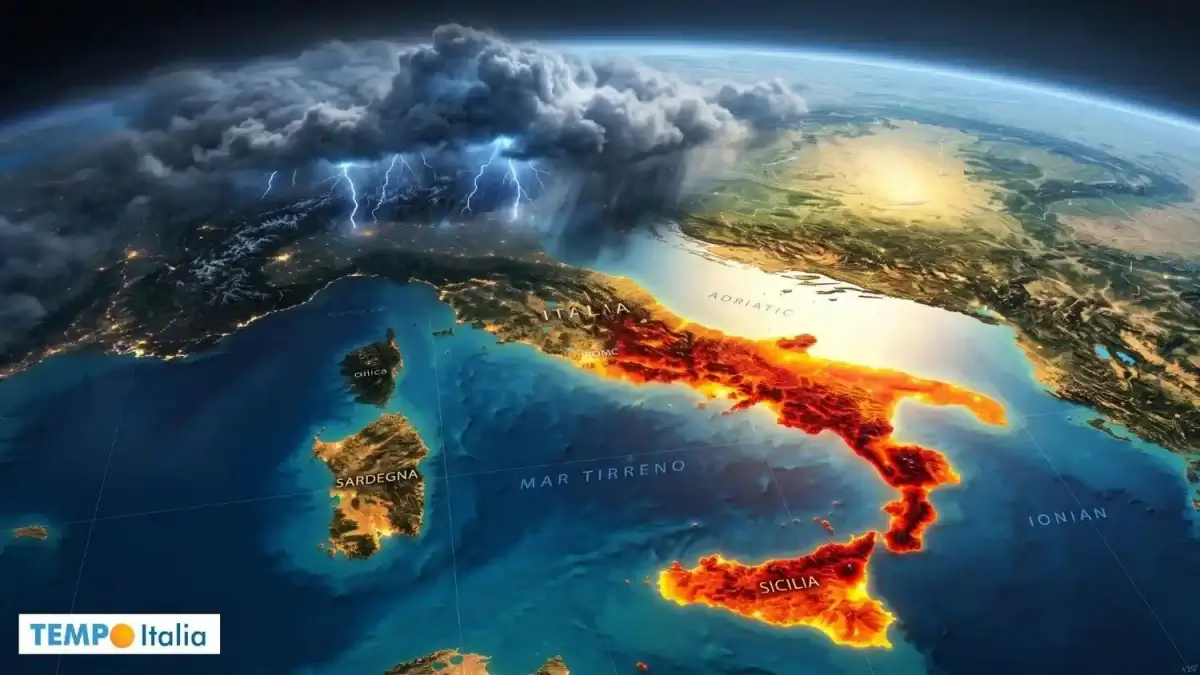 Mappa dell'Italia con temporali e fulmini al Nord e un'intensa ondata di calore evidenziata al Sud e in Sicilia.