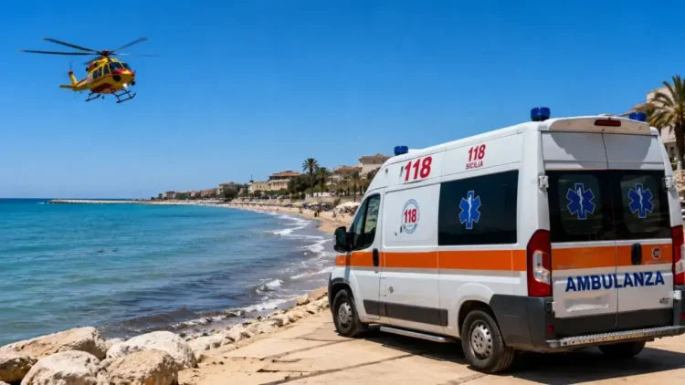 Ambulanza del 118 e elicottero di soccorso sulla spiaggia, con il mare sullo sfondo.