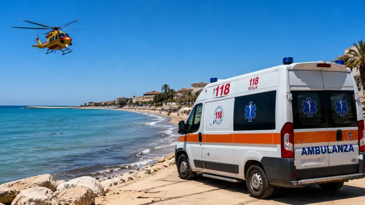 Ambulanza del 118 e elicottero di soccorso sulla spiaggia, con il mare sullo sfondo.