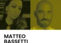 Locandina in bicromia gialla con i ritratti di Viviana Sammito e Matteo Bassetti per l'incontro «Cogitare» a Sampieri