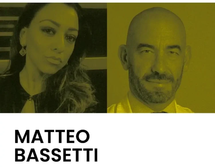 Locandina in bicromia gialla con i ritratti di Viviana Sammito e Matteo Bassetti per l'incontro «Cogitare» a Sampieri