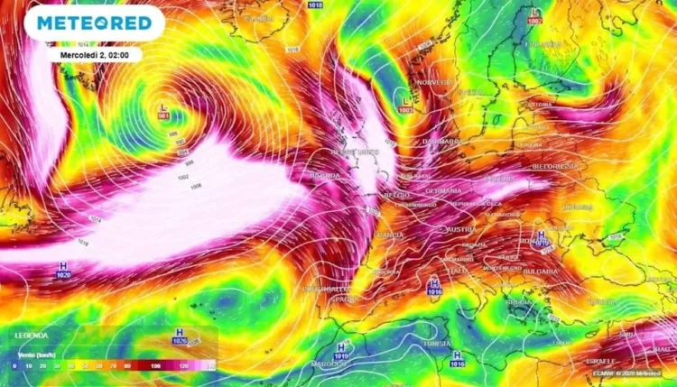 Mappa ECMWF di Meteored con pressione e venti sull'Europa: bassa pressione atlantica in movimento verso il continente