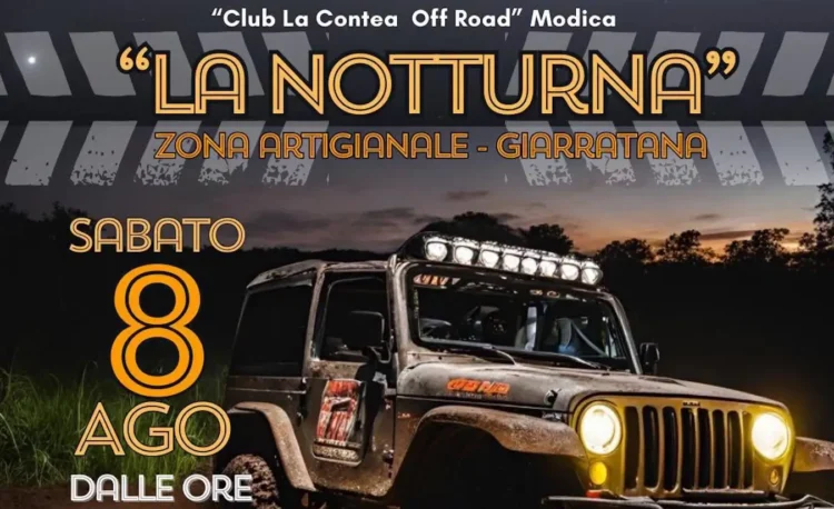Jeep fuoristrada con fari accesi al tramonto, locandina della Notturna organizzata dal Club La Contea Off Road a Giarratana