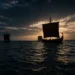 Navi antiche a vela solcano il mare al tramonto sotto un cielo scuro e nuvoloso.