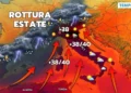 Mappa meteo dell'Italia con temperature 38-40°C indicate in rosso e frecce arancioni verso nord, temporali sul Nord-Ovest