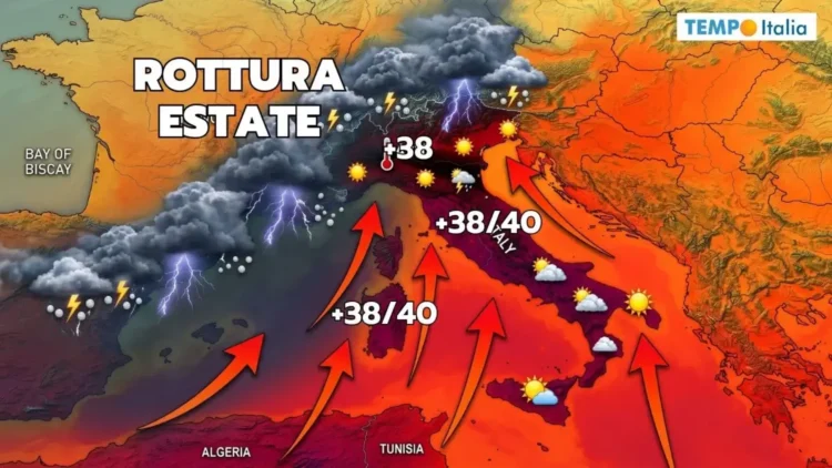 Mappa meteo dell'Italia con temperature 38-40°C indicate in rosso e frecce arancioni verso nord, temporali sul Nord-Ovest
