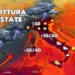 Mappa meteo dell'Italia con temperature 38-40°C indicate in rosso e frecce arancioni verso nord, temporali sul Nord-Ovest