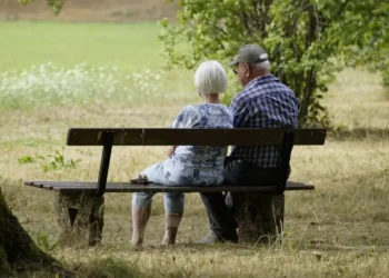 Due anziani seduti su una panchina in un parco, visti di spalle, circondati da vegetazione estiva