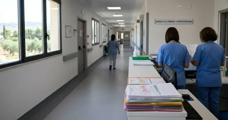 Corridoio di ospedale di comunità con infermiere in divisa blu al bancone e cartelle cliniche impilate in primo piano