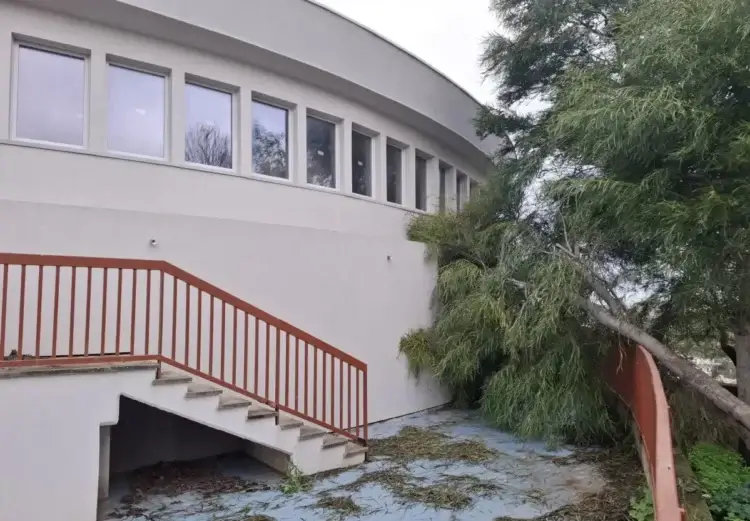 Edificio della piscina comunale di Modica con facciata curva, scala esterna e albero inclinato nel cortile in stato di abbandono