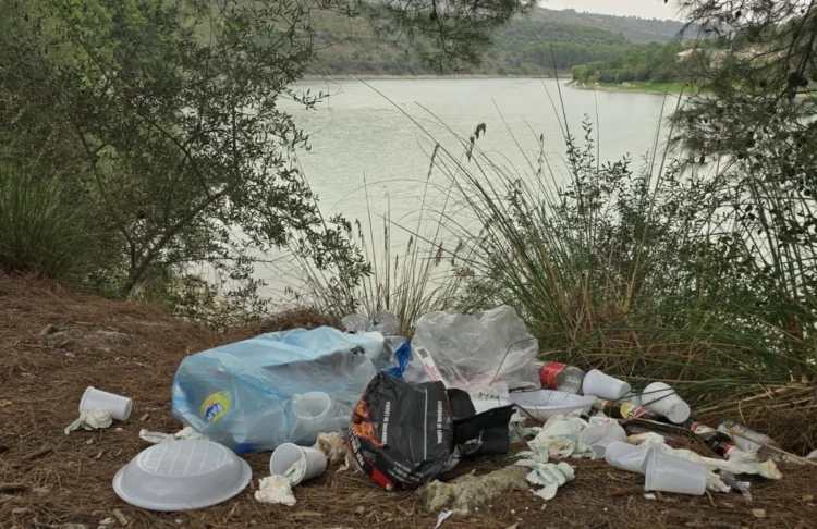 Sacchetti e contenitori di plastica abbandonati tra pini e vegetazione, sullo sfondo lo specchio d'acqua della diga