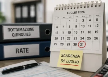 Calendario da tavolo con il 31 luglio cerchiato in rosso, cartellino giallo con scritta "Scadenza 31 luglio" e raccoglitori etichettati "Rottamazione quinquies" e "Rate"