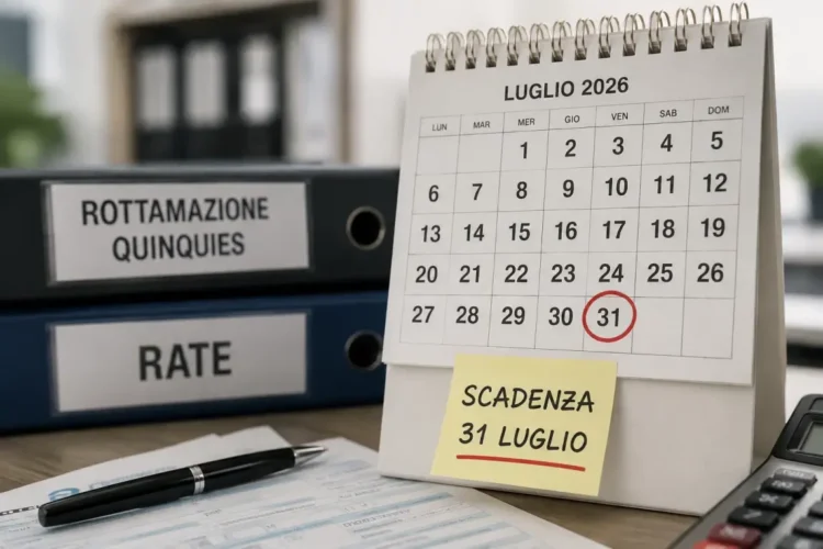 Calendario da tavolo con il 31 luglio cerchiato in rosso, cartellino giallo con scritta "Scadenza 31 luglio" e raccoglitori etichettati "Rottamazione quinquies" e "Rate"