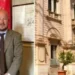 Marco Lopes, consigliere di minoranza del Comune di Scicli, ritratto davanti alla bandiera municipale. A destra, il palazzo comunale di Scicli