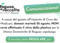 Locandina informativa del Comune di Ragusa sulla sospensione della raccolta della plastica il 25 agosto 2026
