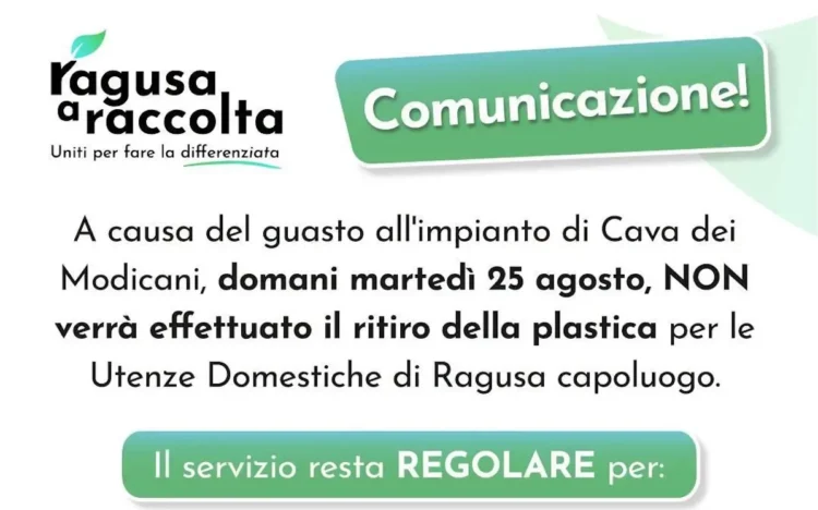 Locandina informativa del Comune di Ragusa sulla sospensione della raccolta della plastica il 25 agosto 2026