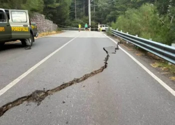 Profonda crepa attraversa la carreggiata, con mezzi del Corpo Forestale e persone sul posto
