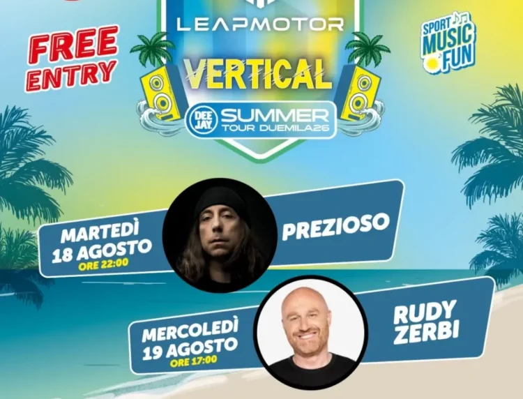 Locandina del Vertical Summer Tour 2026 con i volti di Prezioso e Rudy Zerbi e gli orari delle due serate.