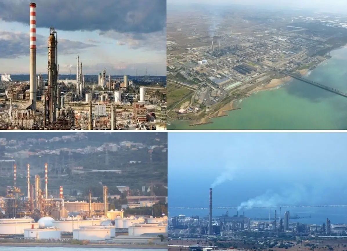 Quattro impianti di raffinazione del petrolio in Sicilia, tra ciminiere e complessi industriali sulla costa