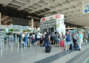 Passeggeri con trolley in fila ai banchi check-in 16-20 nel terminal dell'aeroporto di Catania