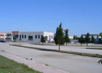Piazzale di una zona artigianale con capannoni, auto parcheggiate