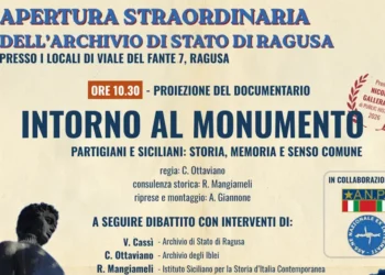 Locandina dell'Archivio di Stato di Ragusa con il documentario Intorno al monumento e i loghi di ANPI e ANEI
