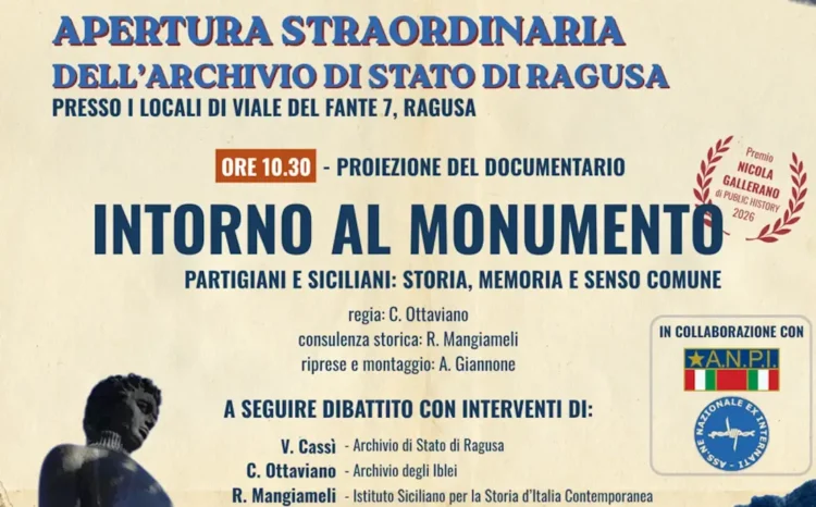 Locandina dell'Archivio di Stato di Ragusa con il documentario Intorno al monumento e i loghi di ANPI e ANEI