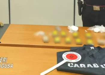 Dosi di cocaina sequestrate su un tavolo, con un cane antidroga e un militare dei Carabinieri sullo sfondo