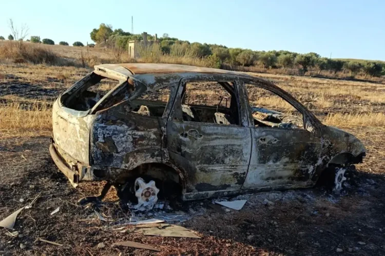Carcassa di un'auto completamente bruciata abbandonata in un campo, con vegetazione secca intorno