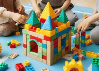 Bimbi da asilo nido montano un castello di mattoncini colorati su un tappeto