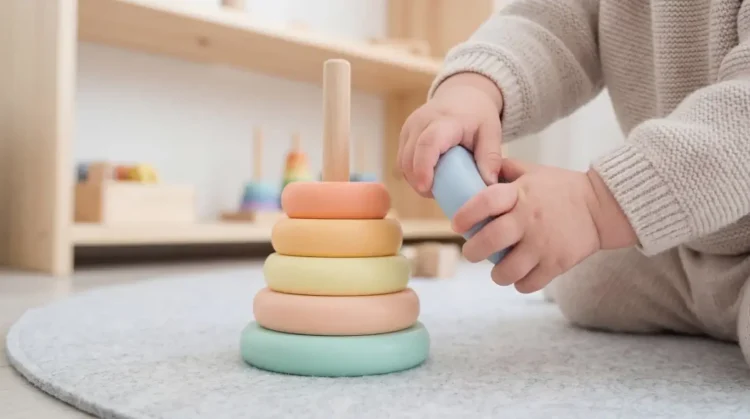 Bambino gioca con una piramide ad anelli di legno colorati su un tappeto, tra mobili in legno