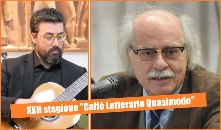 Il chitarrista Lino Gatto con la chitarra classica accanto a un uomo con gli occhiali al microfono. Banner del Caffè Quasimodo di Modica
