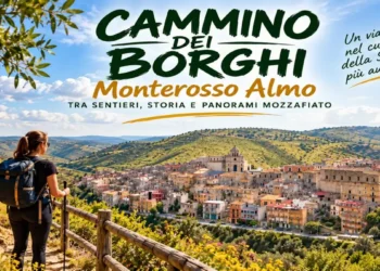 Escursionista con zaino guarda dall'alto il borgo di Monterosso Almo. Immagine generata con intelligenza artificiale
