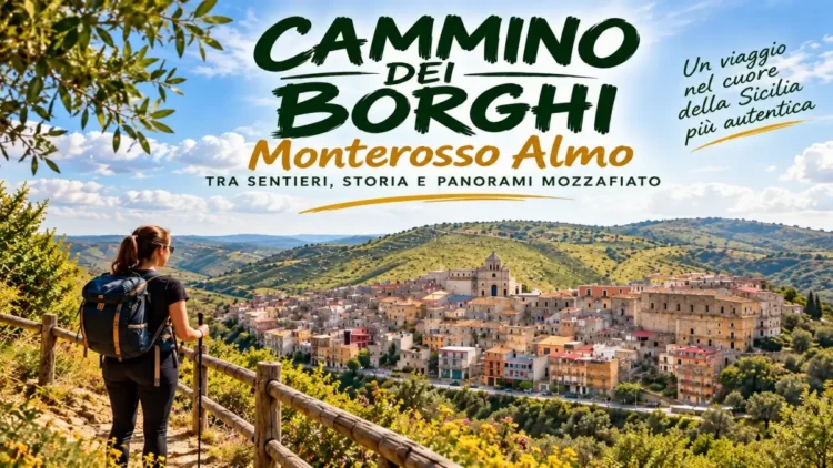 Escursionista con zaino guarda dall'alto il borgo di Monterosso Almo. Immagine generata con intelligenza artificiale