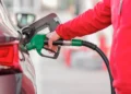 Una mano con la manica di un pile rosso inserisce la pistola verde dell'erogatore nel serbatoio di un'auto per fare carburante